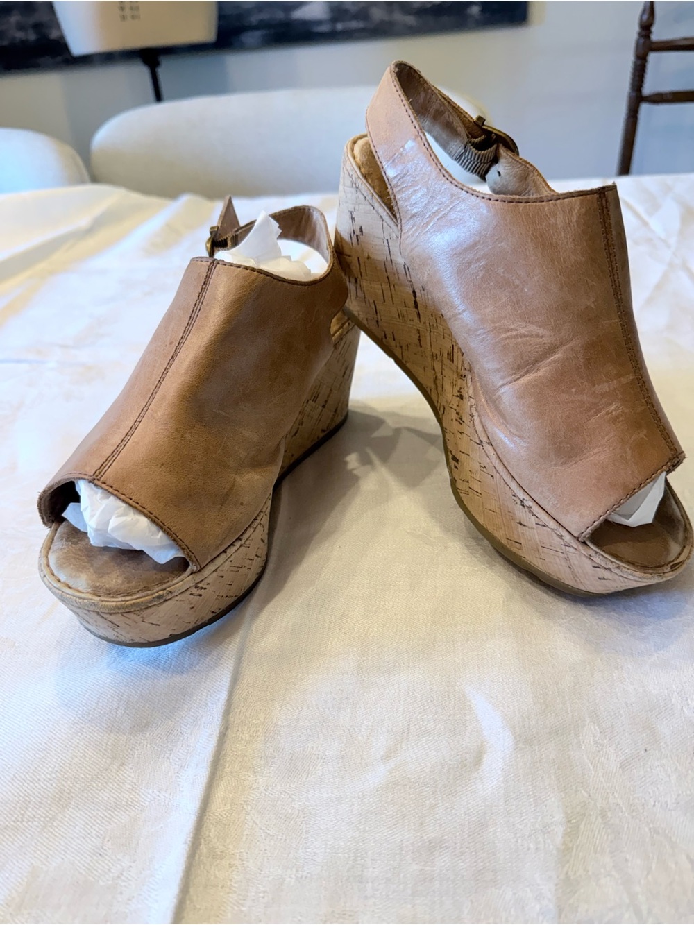 Vintage Born Orbit Leather Wedge Sandals Open Toe Slingback Cork Tan Womens 8 - Picture 2 of 8